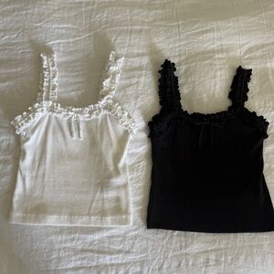 LOT of TWO Anthropologie The Dorrie Ruffled Cami by Maeve Black White XS
